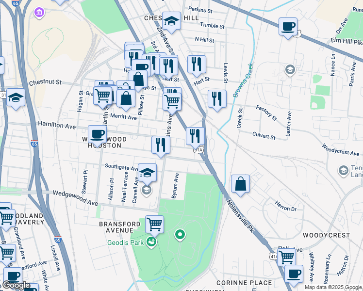 map of restaurants, bars, coffee shops, grocery stores, and more near 420 Mallory Street in Nashville