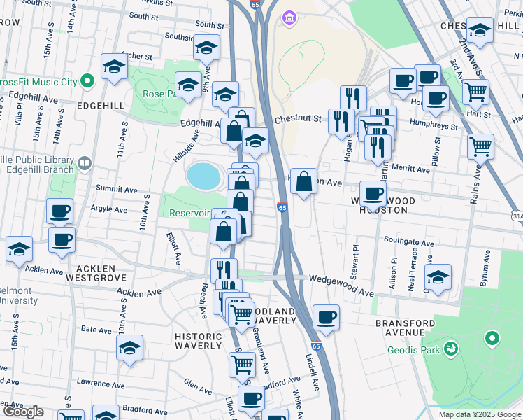 map of restaurants, bars, coffee shops, grocery stores, and more near 747 Lynwood Avenue in Nashville