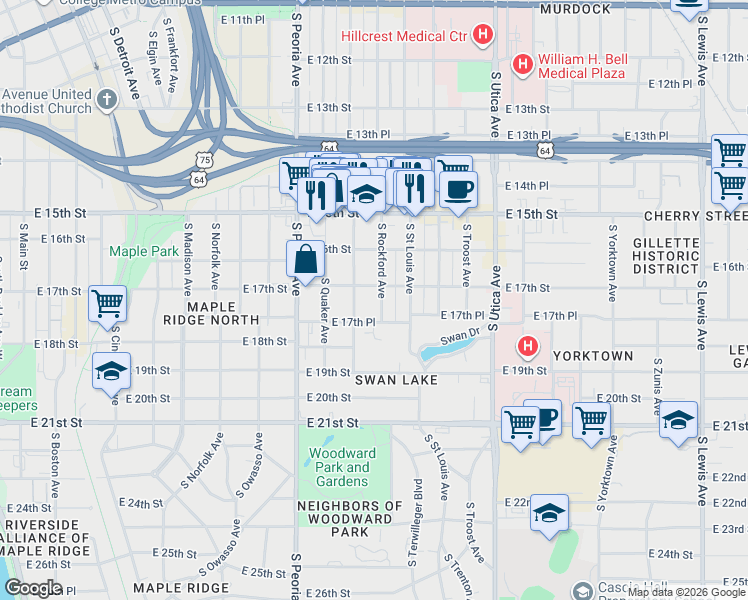 map of restaurants, bars, coffee shops, grocery stores, and more near 1701 South Quincy Avenue in Tulsa