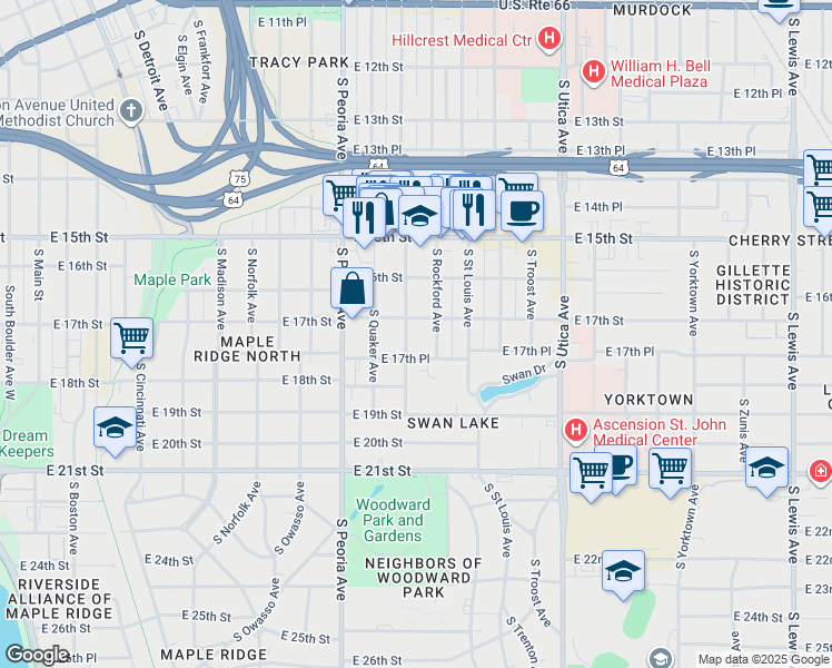 map of restaurants, bars, coffee shops, grocery stores, and more near 1701 South Quincy Avenue in Tulsa