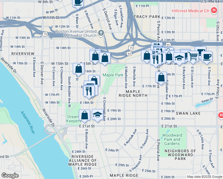 map of restaurants, bars, coffee shops, grocery stores, and more near 1702 South Detroit Avenue in Tulsa
