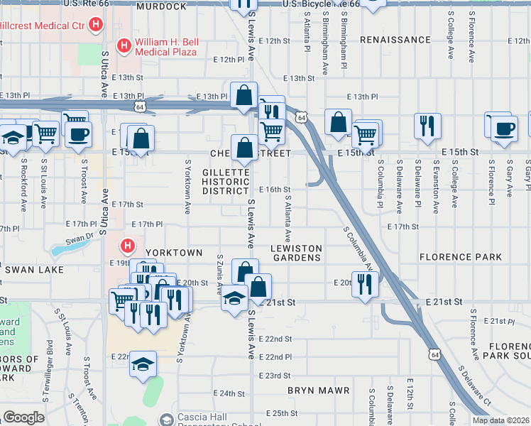 map of restaurants, bars, coffee shops, grocery stores, and more near 1615 South Lewis Avenue in Tulsa