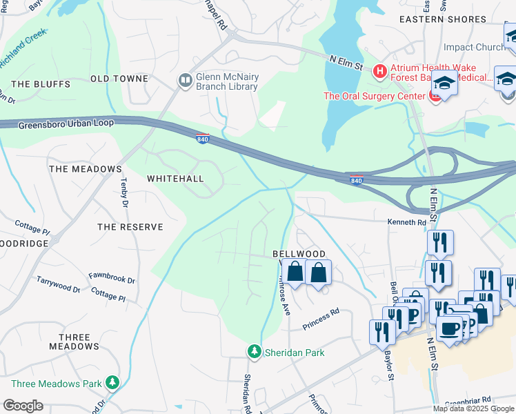 map of restaurants, bars, coffee shops, grocery stores, and more near 5 Thames Court in Greensboro