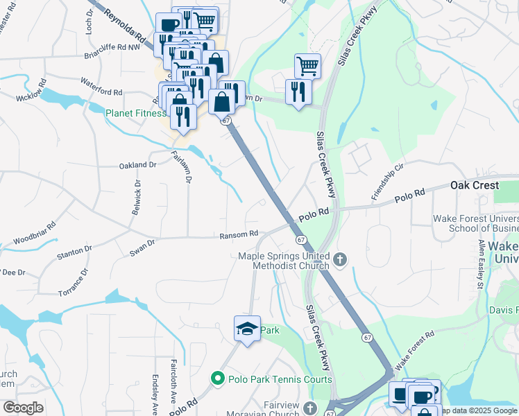 map of restaurants, bars, coffee shops, grocery stores, and more near 2689 Saint John's Place in Winston-Salem