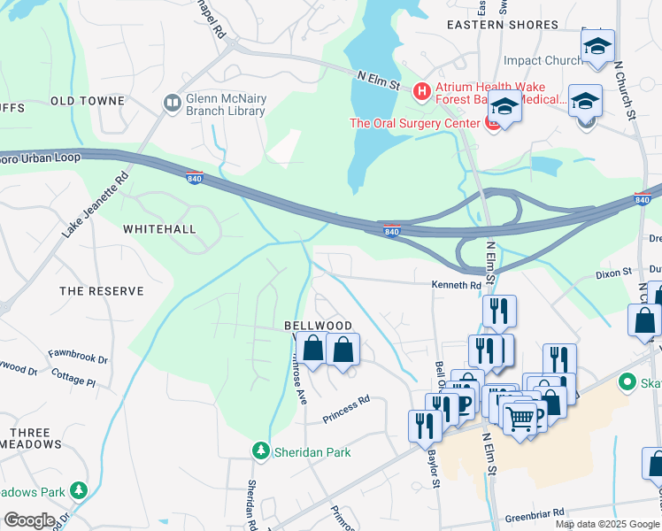 map of restaurants, bars, coffee shops, grocery stores, and more near Pisgah Forest Circle in Greensboro