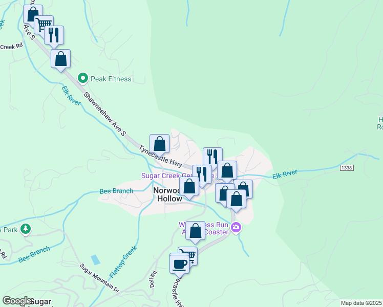 map of restaurants, bars, coffee shops, grocery stores, and more near 18 Spruce Court in Banner Elk