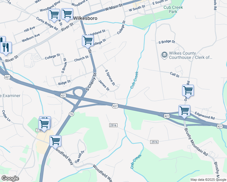 map of restaurants, bars, coffee shops, grocery stores, and more near Joines Street in Wilkesboro