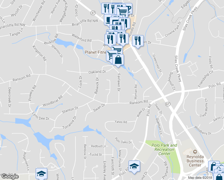 map of restaurants, bars, coffee shops, grocery stores, and more near 2629 Belwick Village Drive in Winston-Salem