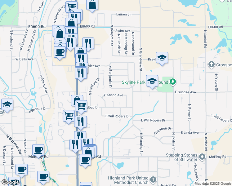map of restaurants, bars, coffee shops, grocery stores, and more near 1001 East Franklin Avenue in Stillwater