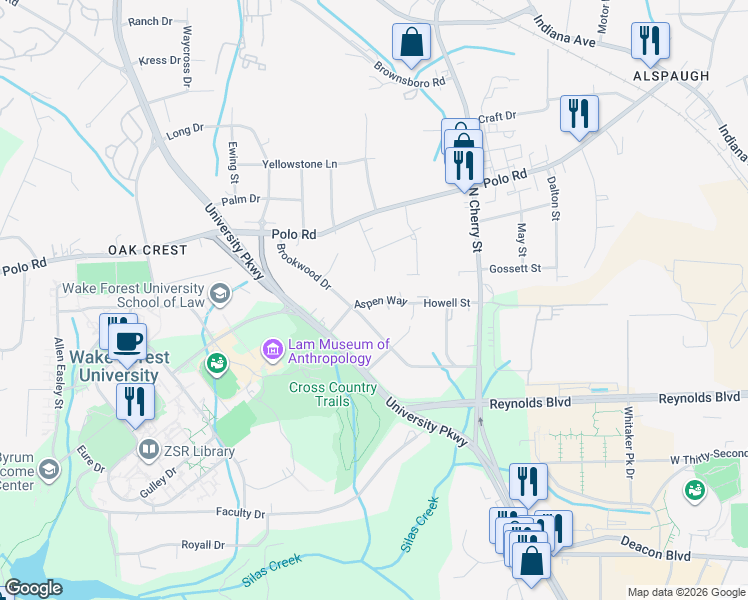 map of restaurants, bars, coffee shops, grocery stores, and more near 1804 Aspen Way in Winston-Salem