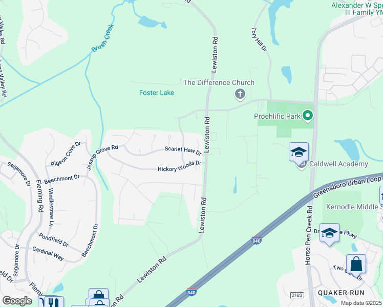 map of restaurants, bars, coffee shops, grocery stores, and more near 4607 Scarlet Haw Drive in Greensboro