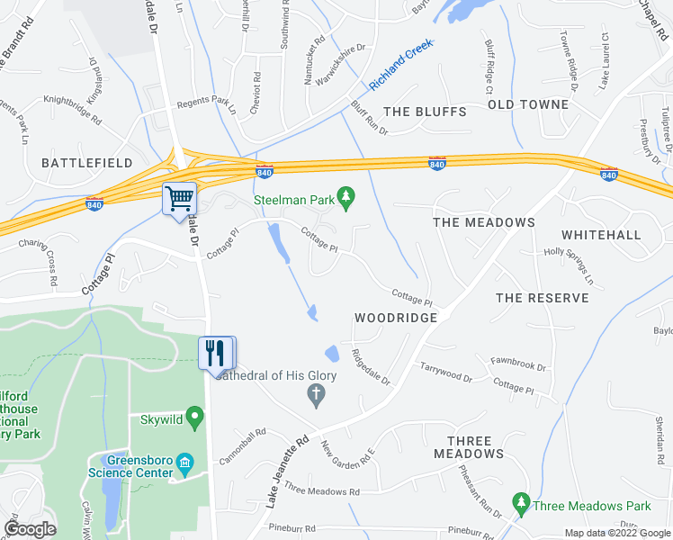 map of restaurants, bars, coffee shops, grocery stores, and more near 2643 Cottage Place in Greensboro