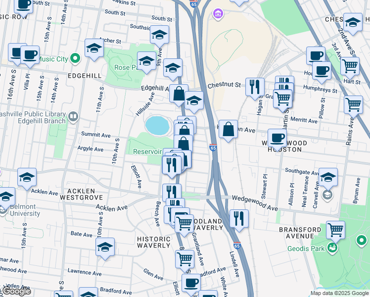 map of restaurants, bars, coffee shops, grocery stores, and more near 763 Lynwood Avenue in Nashville