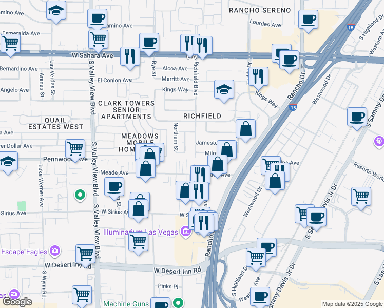 map of restaurants, bars, coffee shops, grocery stores, and more near 2900 Richfield Boulevard in Las Vegas