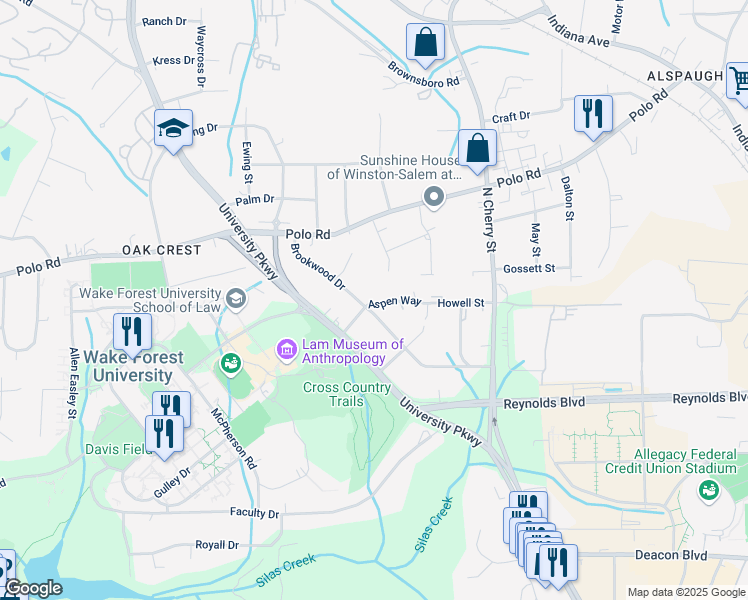 map of restaurants, bars, coffee shops, grocery stores, and more near 2006 Aspen Way in Winston-Salem