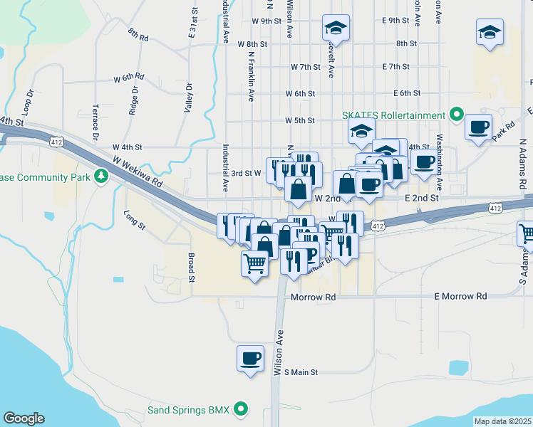 map of restaurants, bars, coffee shops, grocery stores, and more near 106 North Grant Avenue in Sand Springs