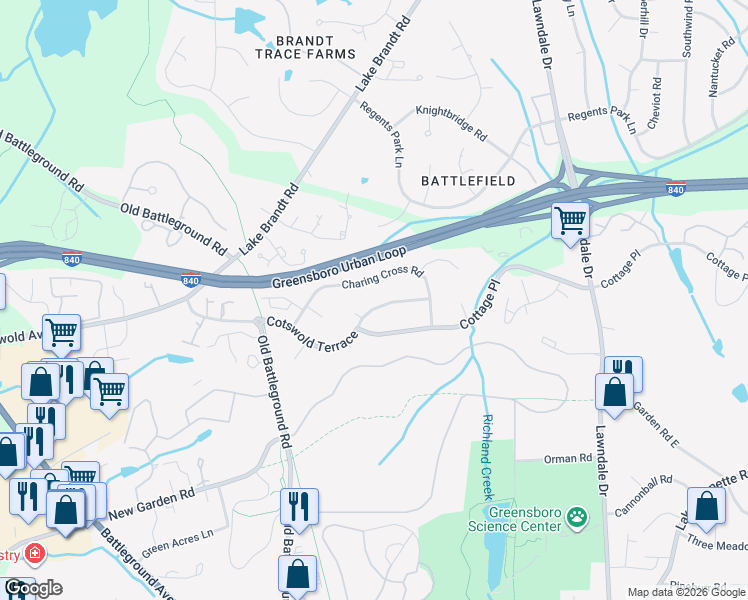 map of restaurants, bars, coffee shops, grocery stores, and more near 3511 Charing Cross Road in Greensboro