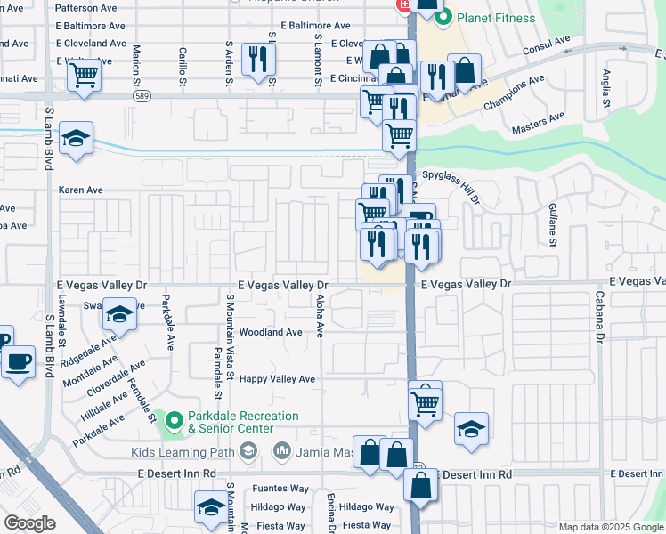 map of restaurants, bars, coffee shops, grocery stores, and more near 2725 South Nellis Boulevard in Las Vegas