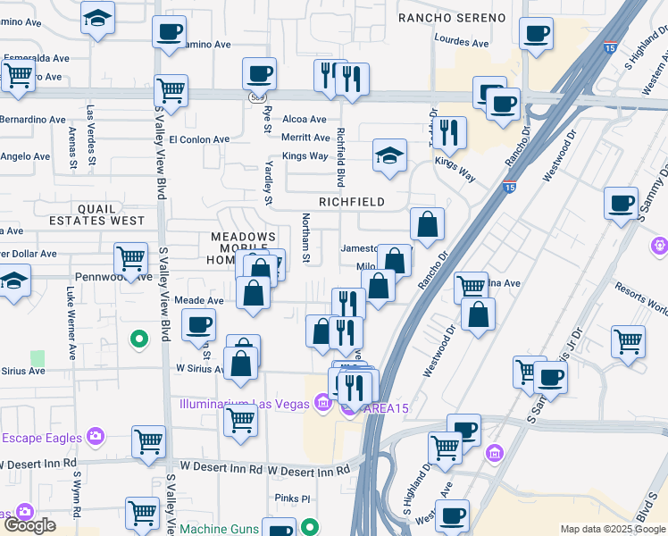 map of restaurants, bars, coffee shops, grocery stores, and more near 2900 Richfield Boulevard in Las Vegas