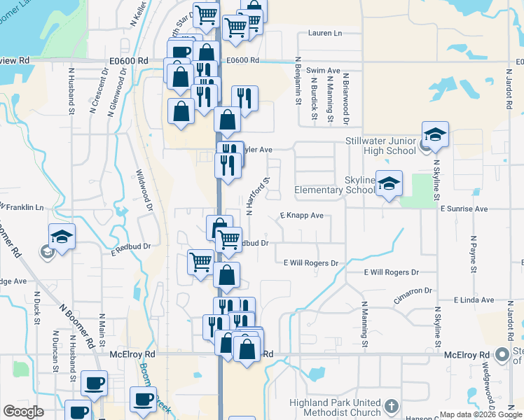 map of restaurants, bars, coffee shops, grocery stores, and more near 1603 North Hartford Street in Stillwater