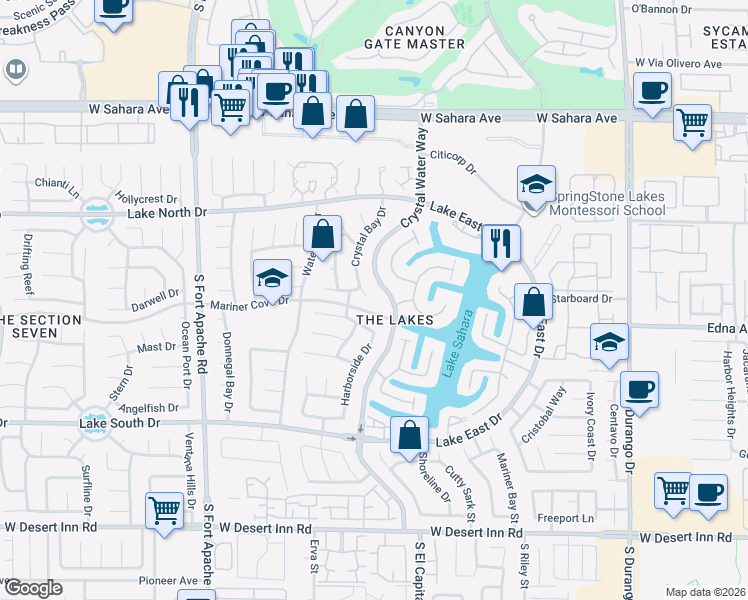 map of restaurants, bars, coffee shops, grocery stores, and more near 2940 Crystal Bay Drive in Las Vegas