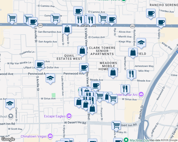 map of restaurants, bars, coffee shops, grocery stores, and more near 2900 South Valley View Boulevard in Las Vegas