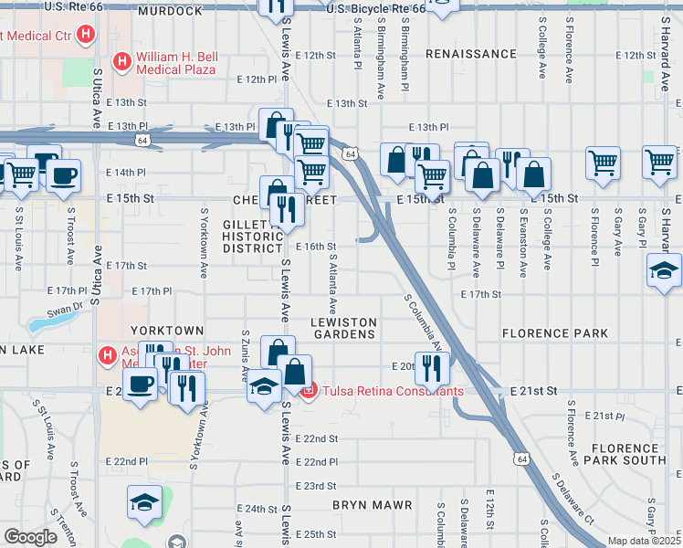 map of restaurants, bars, coffee shops, grocery stores, and more near 2508 East 17th Street in Tulsa