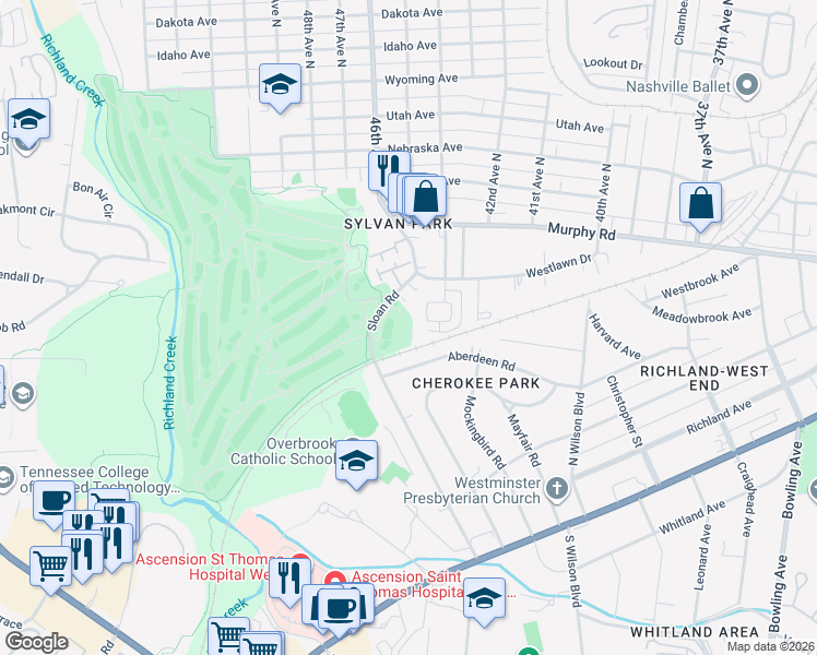 map of restaurants, bars, coffee shops, grocery stores, and more near 4617 Sloan Road in Nashville