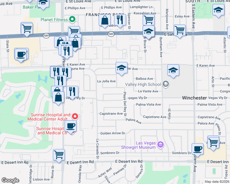 map of restaurants, bars, coffee shops, grocery stores, and more near 1675 Coronado Avenue in Las Vegas