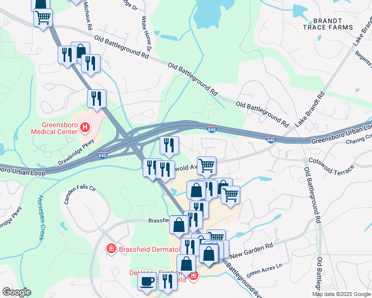 map of restaurants, bars, coffee shops, grocery stores, and more near 3900 Cotswold Avenue in Greensboro