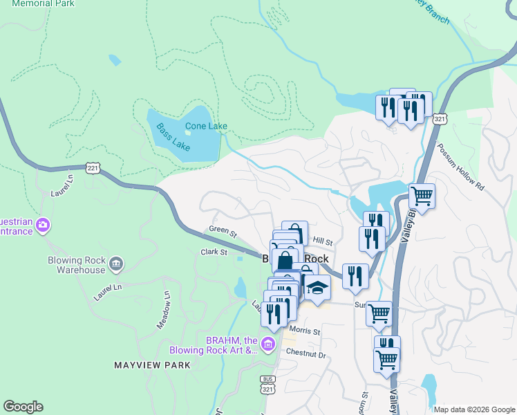 map of restaurants, bars, coffee shops, grocery stores, and more near 125 Brooker Street in Blowing Rock