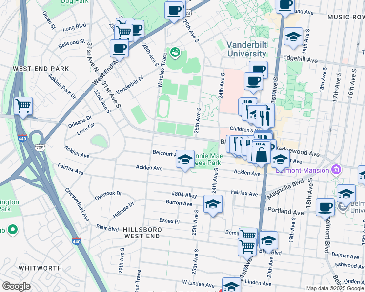 map of restaurants, bars, coffee shops, grocery stores, and more near 2601A Blakemore Avenue in Nashville