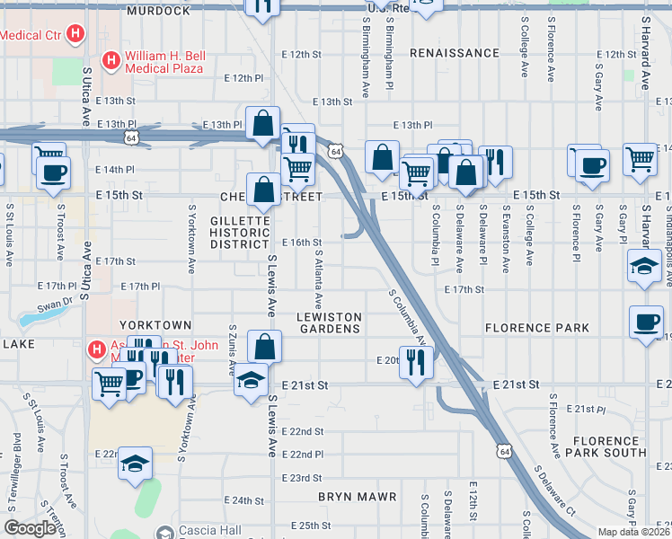map of restaurants, bars, coffee shops, grocery stores, and more near 2521 East 17th Street in Tulsa