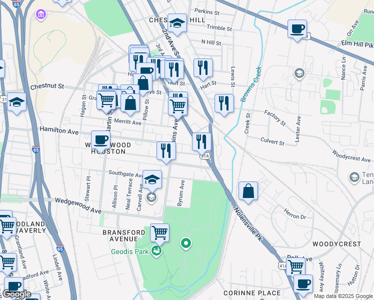 map of restaurants, bars, coffee shops, grocery stores, and more near 420 Mallory Street in Nashville