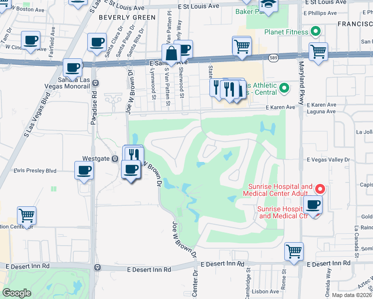 map of restaurants, bars, coffee shops, grocery stores, and more near 2838 Loveland Drive in Las Vegas