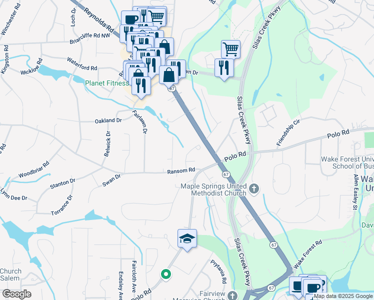 map of restaurants, bars, coffee shops, grocery stores, and more near 2656 Saint John's Place in Winston-Salem