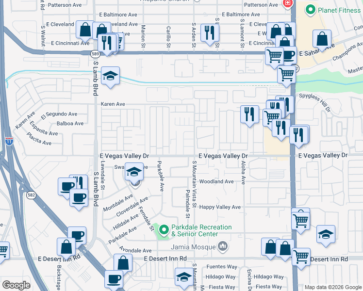 map of restaurants, bars, coffee shops, grocery stores, and more near 2853 Wheelwright Drive in Las Vegas