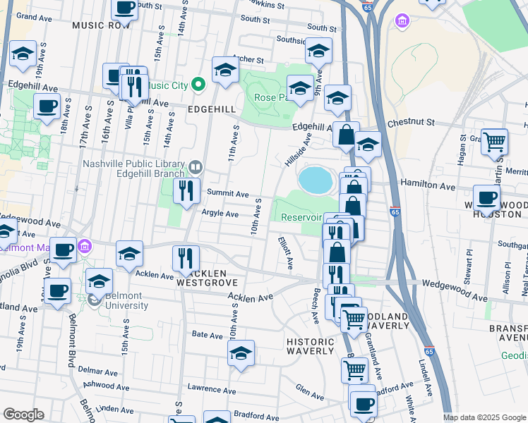 map of restaurants, bars, coffee shops, grocery stores, and more near 1611 Hillside Avenue in Nashville