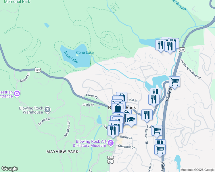 map of restaurants, bars, coffee shops, grocery stores, and more near 125 Brooker Street in Blowing Rock