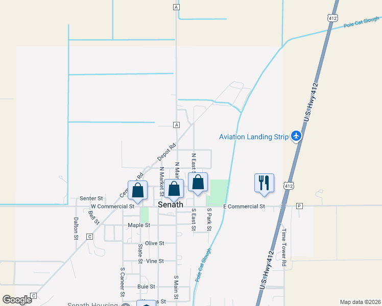 map of restaurants, bars, coffee shops, grocery stores, and more near 203 Oak Street in Senath