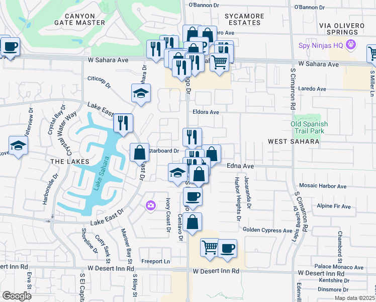 map of restaurants, bars, coffee shops, grocery stores, and more near South Durango Drive & Starboard Drive in Las Vegas