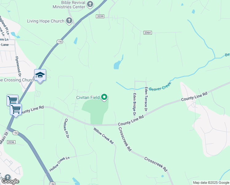 map of restaurants, bars, coffee shops, grocery stores, and more near 9211 County Line Road in Kernersville