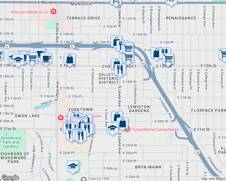 map of restaurants, bars, coffee shops, grocery stores, and more near 2324 East 17th Street in Tulsa