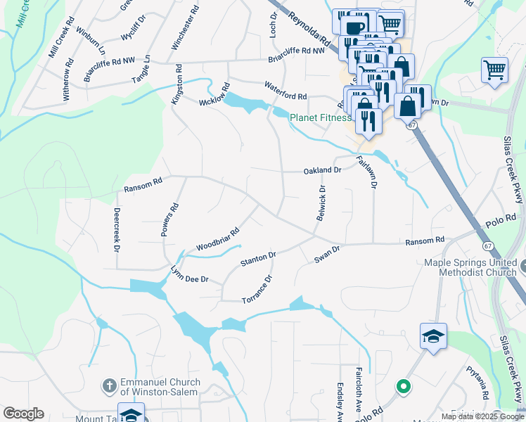 map of restaurants, bars, coffee shops, grocery stores, and more near 630 Ransom Road in Winston-Salem