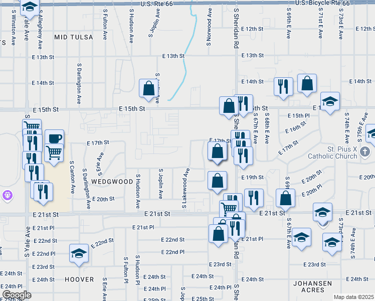 map of restaurants, bars, coffee shops, grocery stores, and more near 1720 South Lakewood Avenue in Tulsa