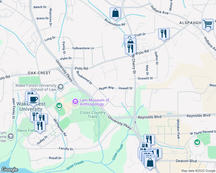 map of restaurants, bars, coffee shops, grocery stores, and more near 1703 Aspen Way in Winston-Salem