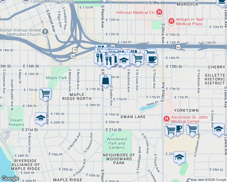 map of restaurants, bars, coffee shops, grocery stores, and more near 1322 East 17th Street in Tulsa