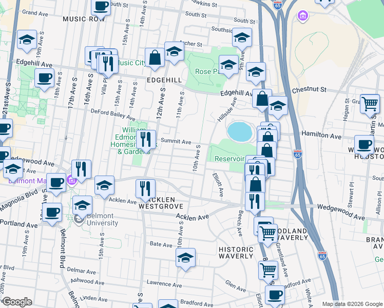 map of restaurants, bars, coffee shops, grocery stores, and more near 1016 Argyle Avenue in Nashville