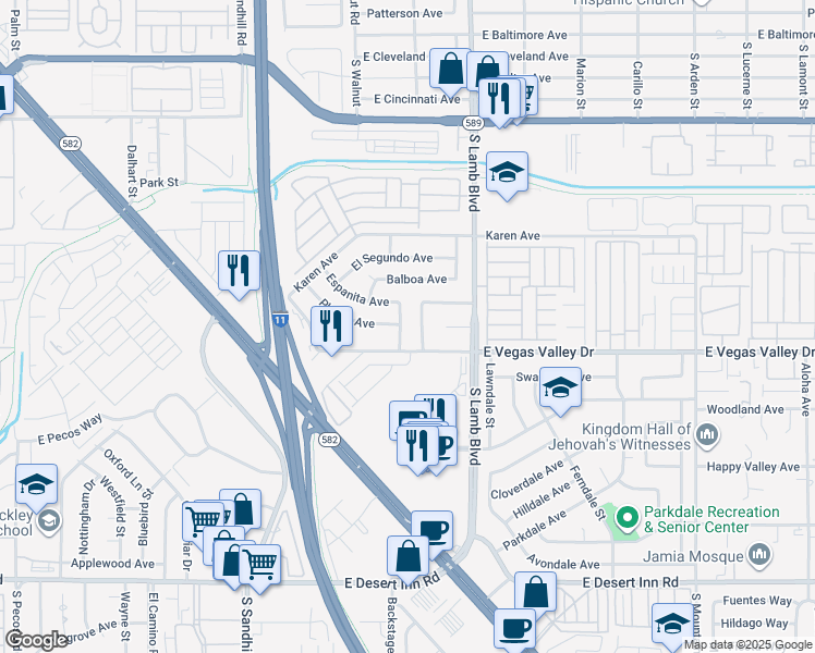 map of restaurants, bars, coffee shops, grocery stores, and more near 2858 Puenta Street in Las Vegas