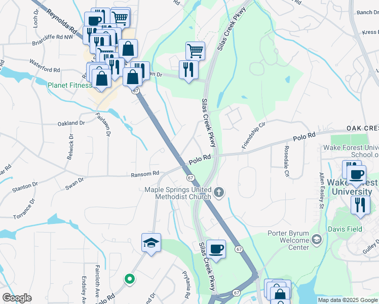 map of restaurants, bars, coffee shops, grocery stores, and more near 2601 Reynolda Road in Winston-Salem